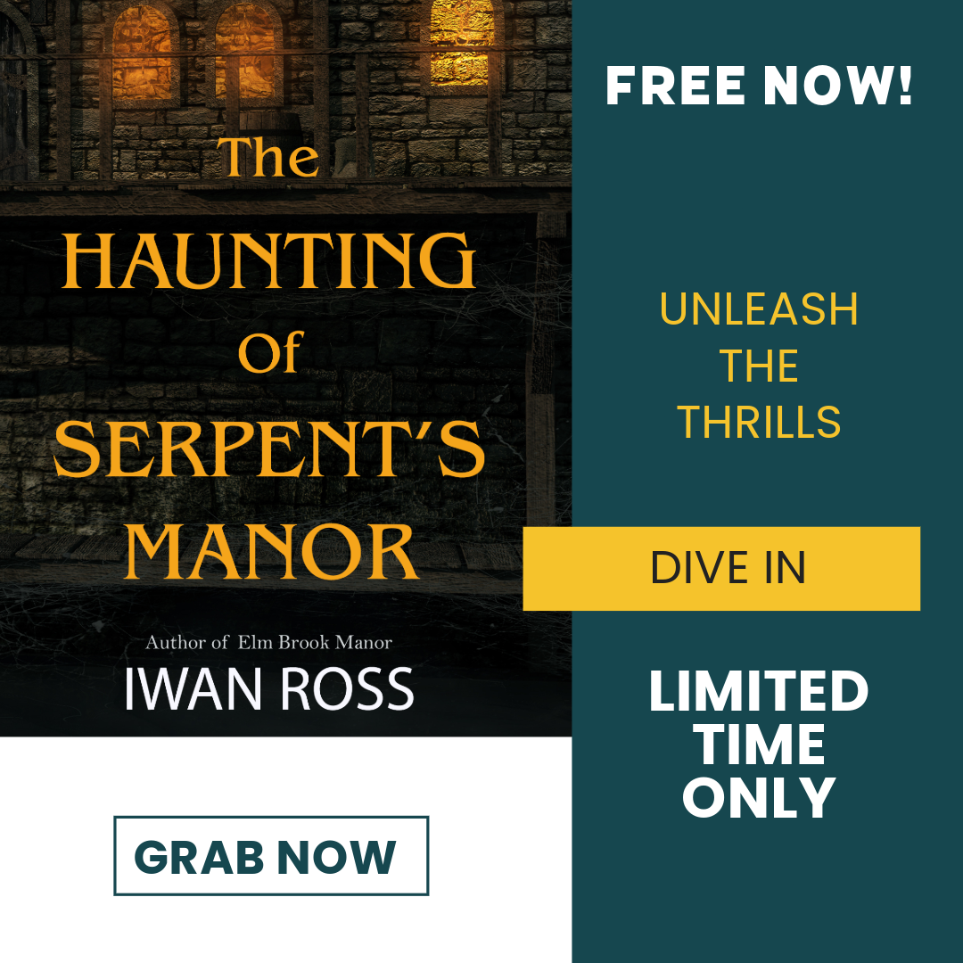 The image displays the haunted serpent's manor, with a few light illuminated against the dark, eerie background. The overlay text displays the title in gilded letters. Adapted from the book cover for The Haunting of Serpent's Manor, by Iwan Ross.